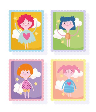 cute stamps, cartoon comic girls and boy clouds icons