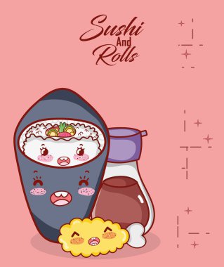 kawaii tempura sake and wrapped rice vegetables food japanese cartoon, sushi and rolls