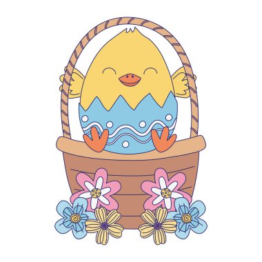 happy easter day, chicken in eggshell basket flowers decoration