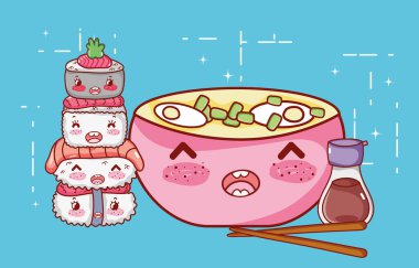 kawaii ramen çorbası suşi sake ve yemek çubukları Japon çizgi filmi, suşi ve rulo.