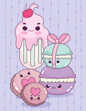 Tatlı dondurma ve kurabiyeler tatlı tatlı pasta çizgi filmi.