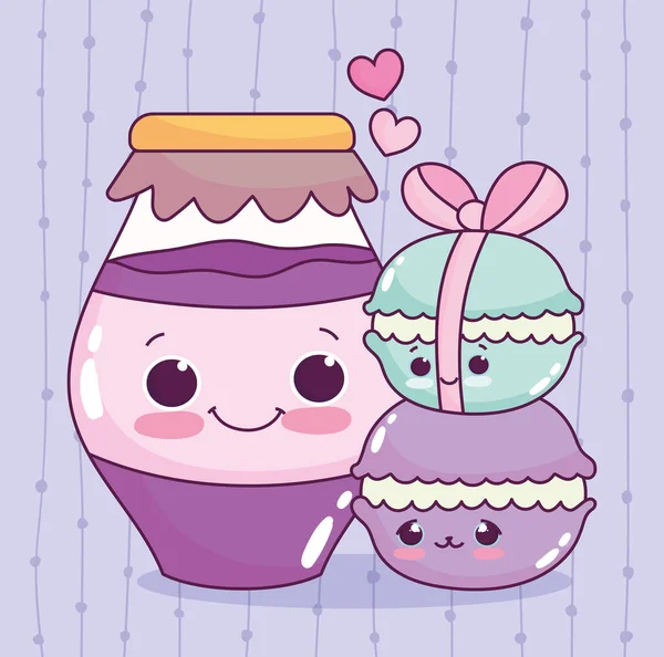 Macarons alimentaires mignons et bocal avec de la confiture pâtisserie dessert doux dessin animé — Image vectorielle
