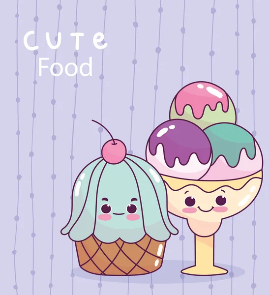 Mignonne boules de crème glacée alimentaire et cupcake pâtisserie dessert doux dessin animé — Image vectorielle