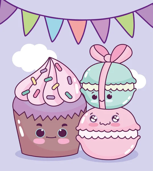 Cupcake alimentaire mignon et macarons pâtisserie dessert sucré dessin animé — Image vectorielle