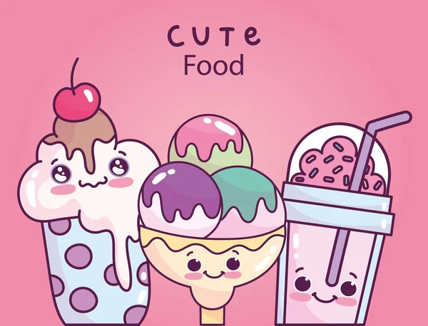 Cute food ice cream scoops in glass and milkshake sweet dessert pastry cartoon — 图库矢量图片
