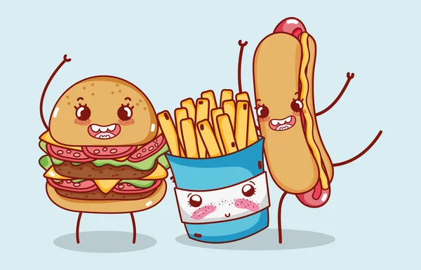 Fast food hambúrguer bonito batatas fritas e desenhos animados cachorro-quente — Vetor de Stock