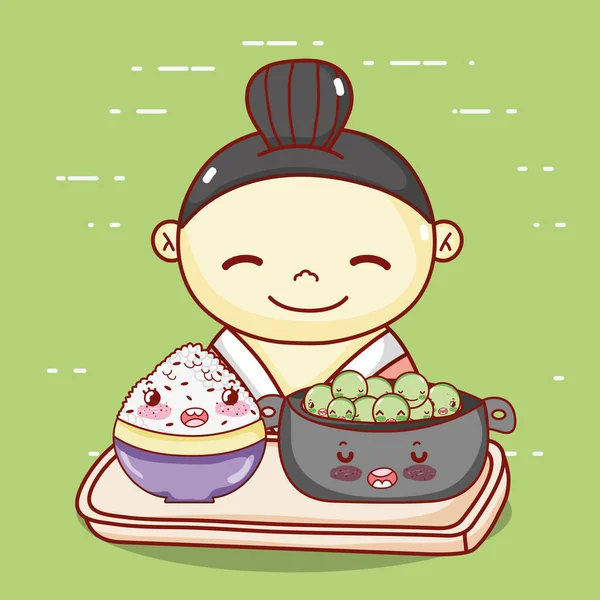 Geisha mit Schüssel und Reis in Tablett Lebensmittel japanischer Zeichentrickfilm, Sushi und Rollen — Stockvektor