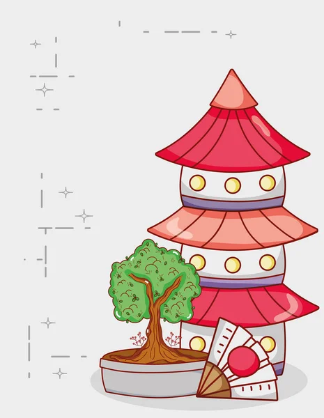 Temple kawaii et arbre dessin animé japonais — Image vectorielle