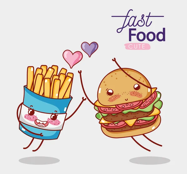 Fast Food süße Burger und Pommes lieben Herzen Karikatur — Stockvektor