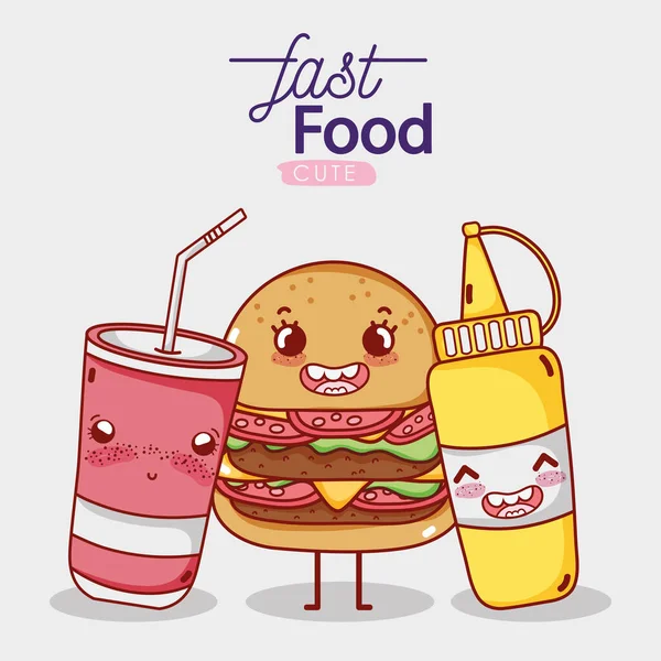 Comida rápida linda hamburguesa mostaza y comida para llevar taza de refresco de dibujos animados — Vector de stock