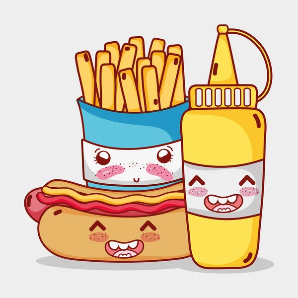 Fast food bonito batatas fritas cachorro quente e mostarda desenhos animados — Vetor de Stock