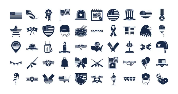 Memorial día americano iconos de celebración nacional conjunto silueta icono de estilo — Vector de stock