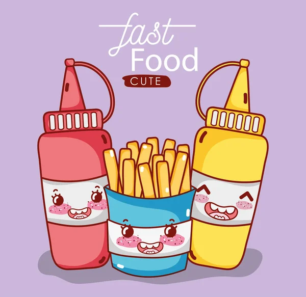 Fast food bonito batatas fritas mostarda e molho de tomate desenho animado — Vetor de Stock