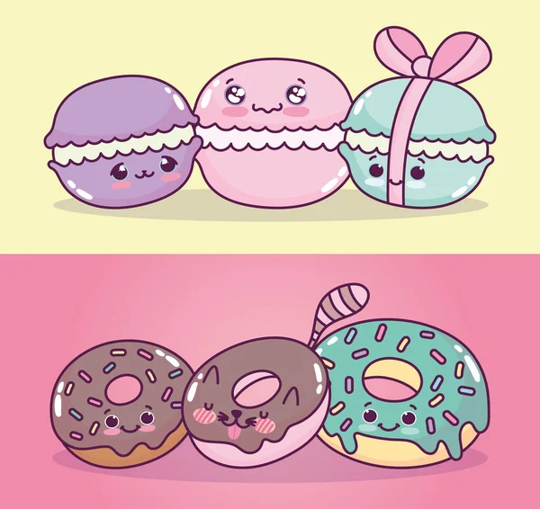 Cute food adorable macaroons and donuts sweet dessert pastry cartoon — Stock Vector