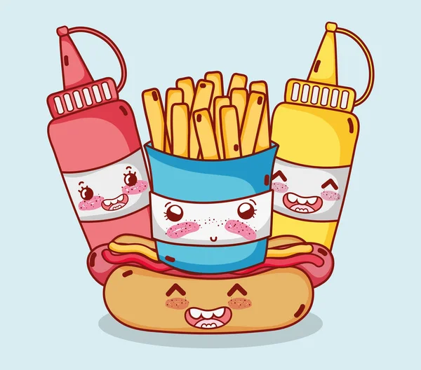Fast food bonito batatas fritas hot dog mostarda e molho desenhos animados — Vetor de Stock