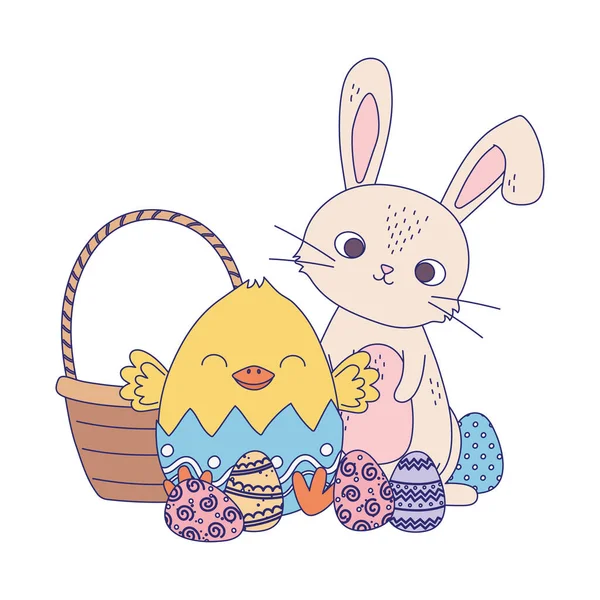Happy easter day, rabbit chicken in eggshell basket eggs decoration — Stockvektor