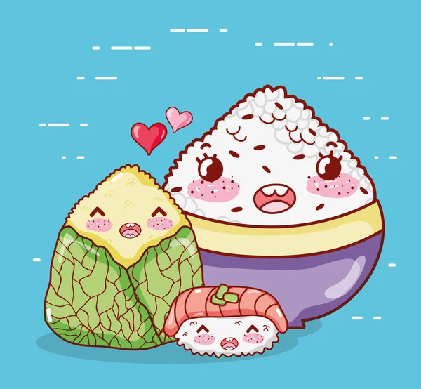 Kawaii arroz shushi y comida envuelta japonés dibujos animados, sushi y rollos — Archivo Imágenes Vectoriales