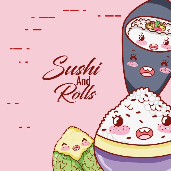 Kawaii reis temaki traditionelles essen japanischer cartoon, sushi und rollen — Stockvektor