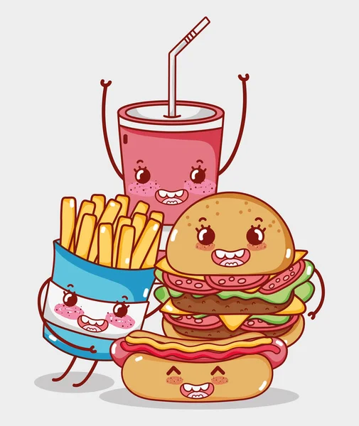 Fast food милый бургер хот-дог картофель фри и мультфильм с чашкой содовой — стоковый вектор