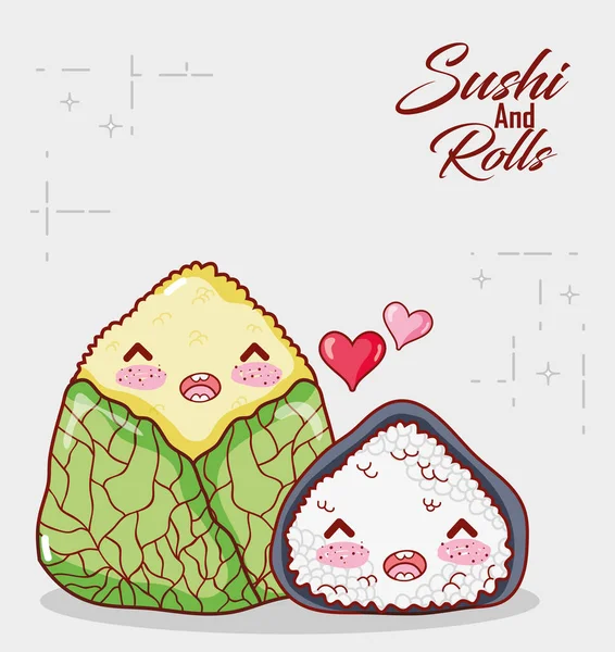 Kawaii rizs torta élelmiszer japán rajzfilm, sushi és tekercs — Stock Vector