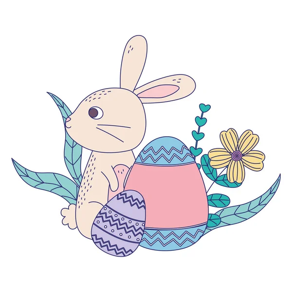 Щасливий великодній день, кролик розмальовує яйця квітами прикраса листя — стоковий вектор