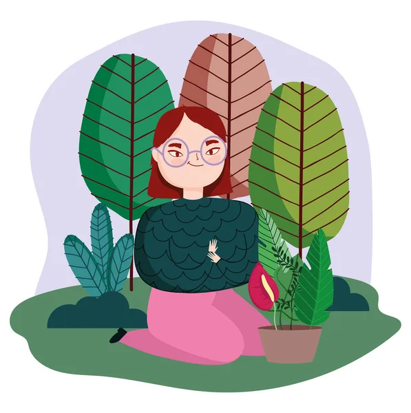 Jovem mulher na grama com vasos de plantas árvores — Vetor de Stock