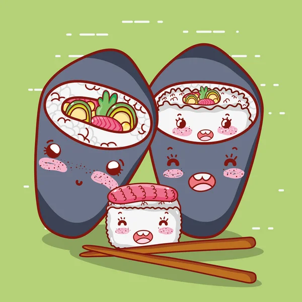 Kawaii sushi és temaki pálcika élelmiszer japán rajzfilm, sushi és tekercs — Stock Vector