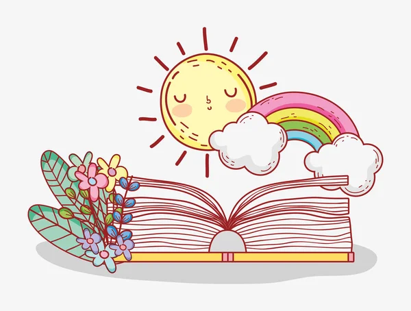 Открытая книга радужные облака солнце цветы листва — стоковый вектор