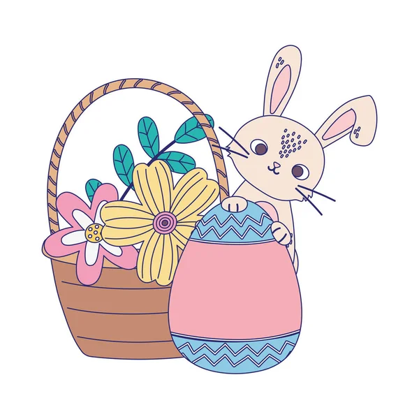 Feliz día de Pascua, conejo con flores de huevo pintadas en la decoración de la cesta — Vector de stock