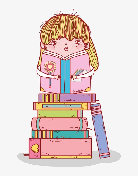 Kleines Mädchen liest Buch in gestapelten Büchern — Stockvektor