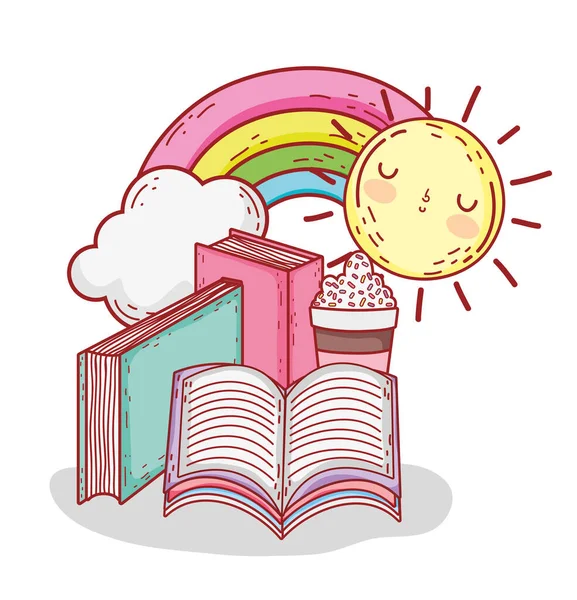Books smoothie rainbow and sun cartoon — Stock Vector