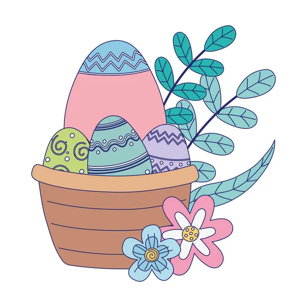 Heureux jour de Pâques, panier avec oeufs fleurs feuilles feuillage décoration — Image vectorielle