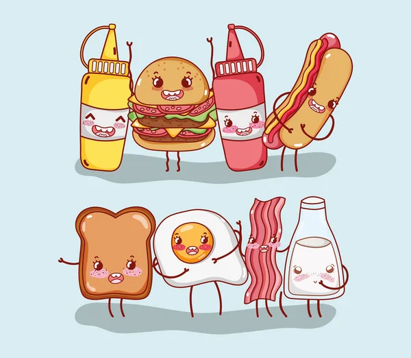 Café da manhã e fast food bonito hambúrguer pão de cachorro quente ovo bacon leite personagem cartoon — Vetor de Stock