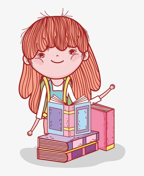 Linda niña con libros estudio literatura dibujos animados — Vector de stock