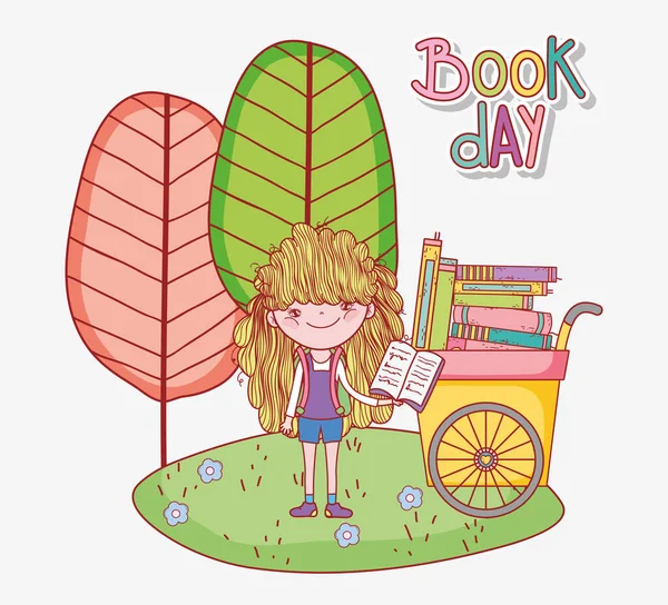 Linda chica leyendo libro y carro con muchos libros en el parque — Vector de stock