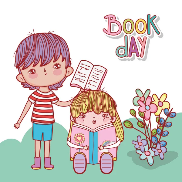 Niño con libro abierto y niña sentado leyendo flores de libro de fantasía — Vector de stock