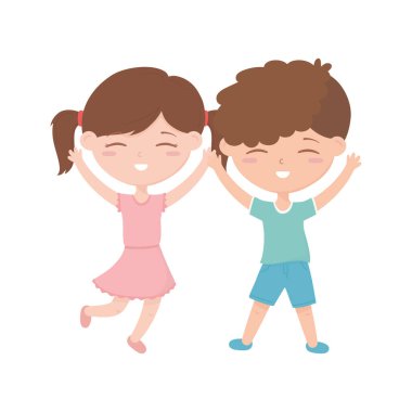happy childrens day, little boy and girl celebration excited cartoon