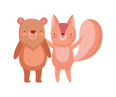 cute squirrel and bear cartoon on white background