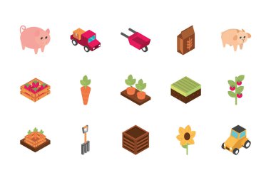 çiftlik hasadı tarım kırsal izometrik ikon koleksiyonu
