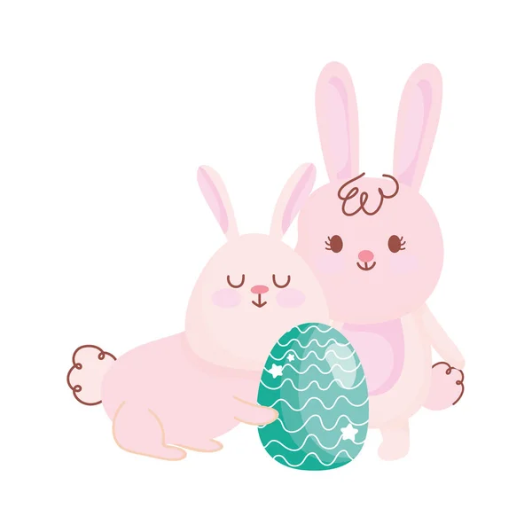 Счастливые пасхальные кролики с зеленым яйцом украшения мультфильма — стоковый вектор