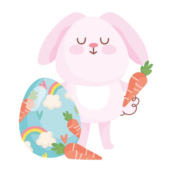 Felice coniglio rosa pasqua con carote e decorazione di uova dipinte arcobaleno — Vettoriale Stock
