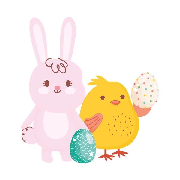 Fröhliche Ostern niedlichen Hasen Huhn mit Eiern Dekoration Saison — Stockvektor