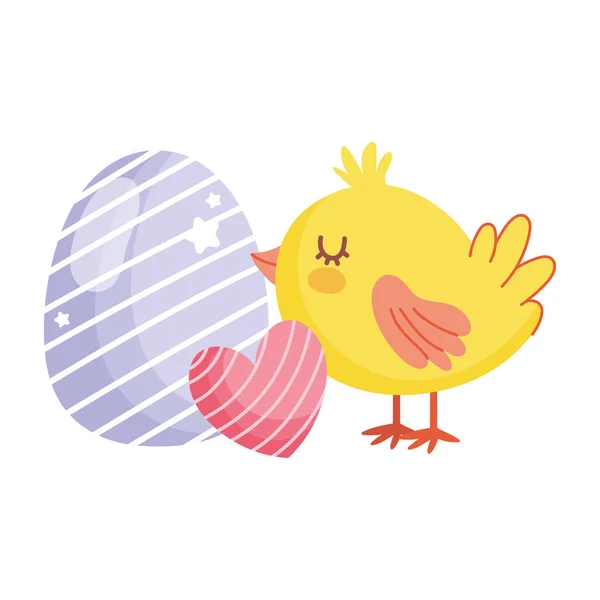 Felice Pasqua pollo carino con cuore e decorazione delle uova — Vettoriale Stock