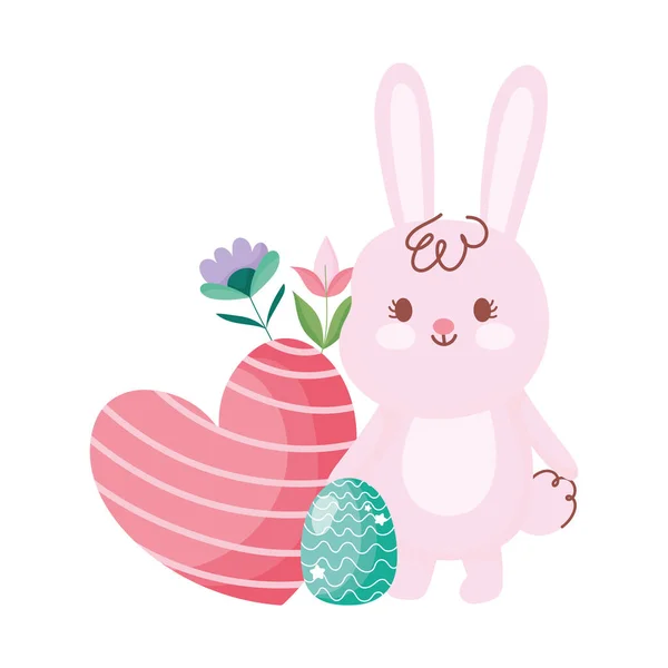 Heureux lapin de Pâques mignon avec coeur d'oeuf et décoration de fleurs — Image vectorielle