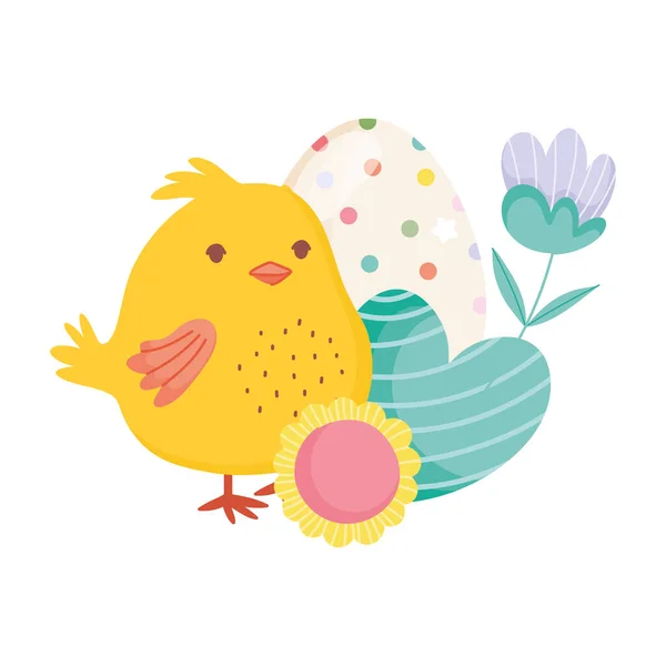 Felice pasqua carino cuore di pollo uovo fiori decorazione carta — Vettoriale Stock
