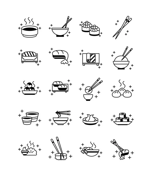 Sushi oriental menú iconos conjunto línea estilo icono — Vector de stock