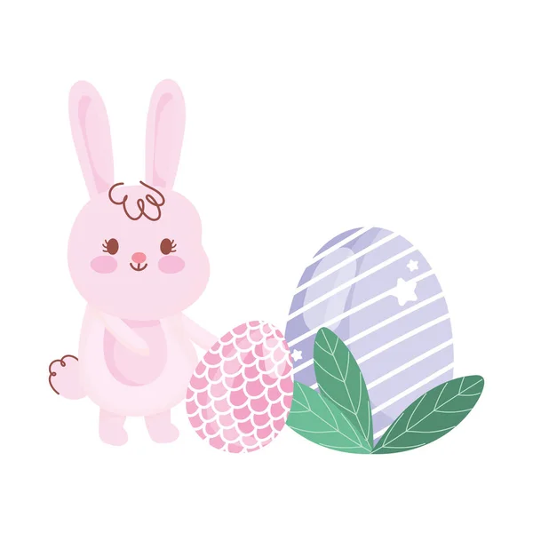 Frohe Ostern Kaninchen mit Eiern Dekoration Karikatur — Stockvektor