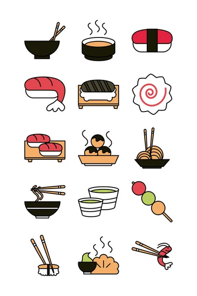 Sushi oriental menu ícones definir linha e ícone de estilo de preenchimento —  Vetores de Stock