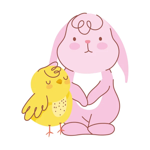 Happy easter pink rabbit with chicken cartoon — Stock Vector