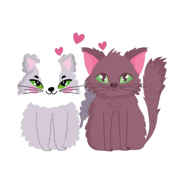 Adorables gatos sentado corazones amor felino dibujos animados mascotas — Archivo Imágenes Vectoriales